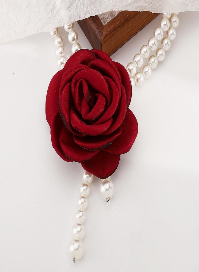 IS4U Rose Choker Necklace for Women Vintage Baroque Pearl Layers Necklace Exaggerated Flowers Pearl Necklaces Fashion Wedding Party Jewelry (Red) - Image 2